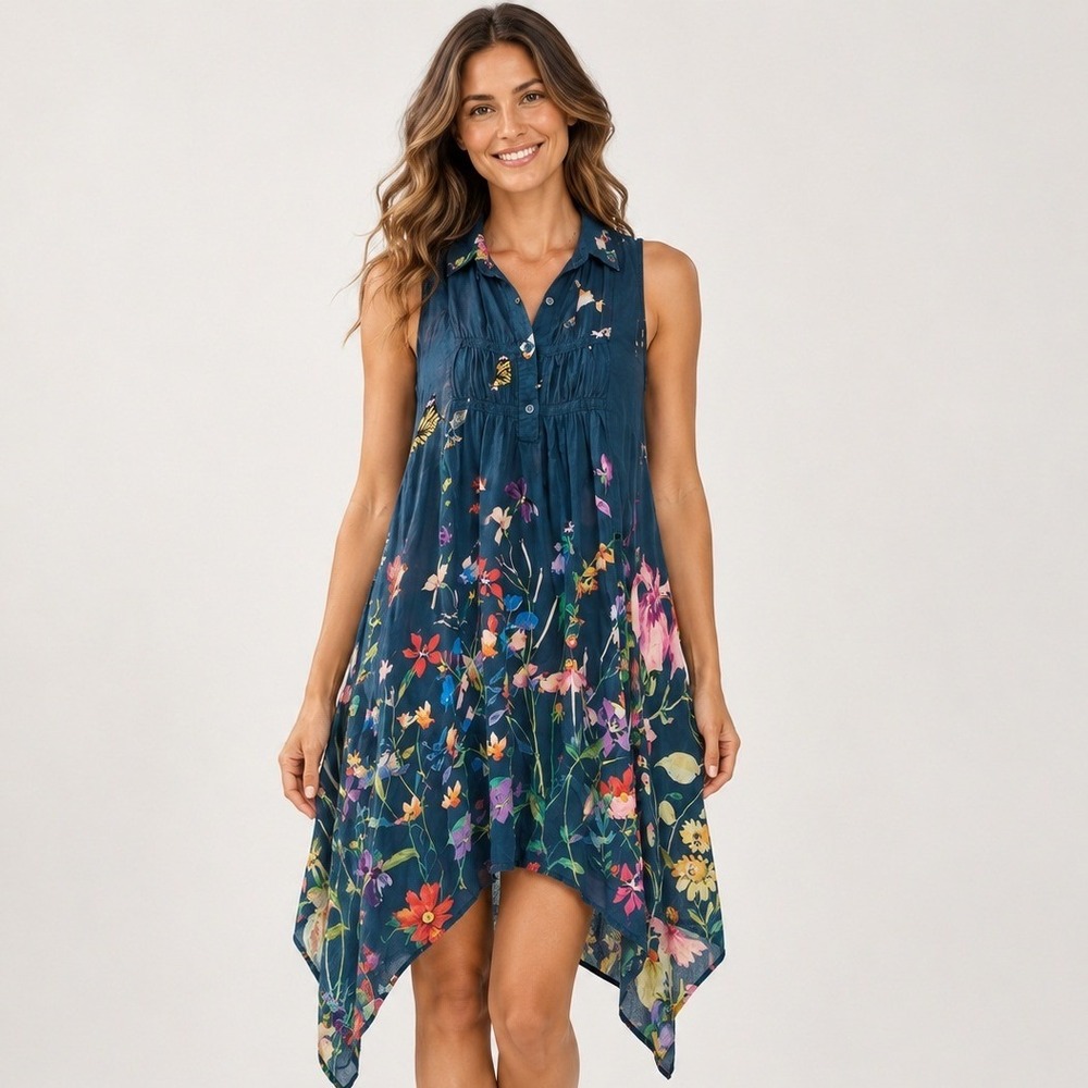 Johnny Was Tunic Top Floral Bird Print Cupra Rayon Boho Sharkbite Blue Small